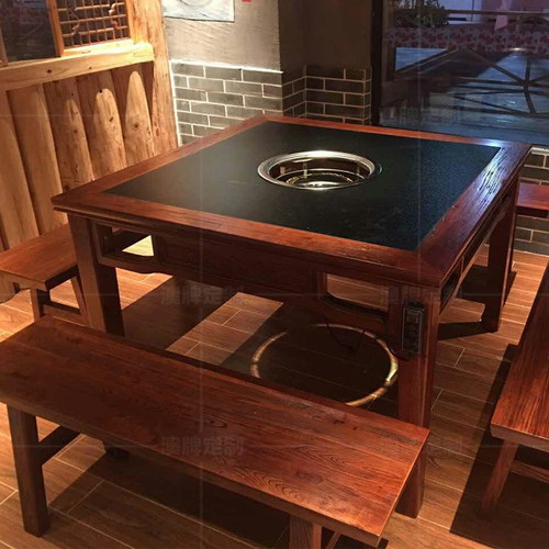 Z85 防滑玻璃桌面榆木桌架火锅桌